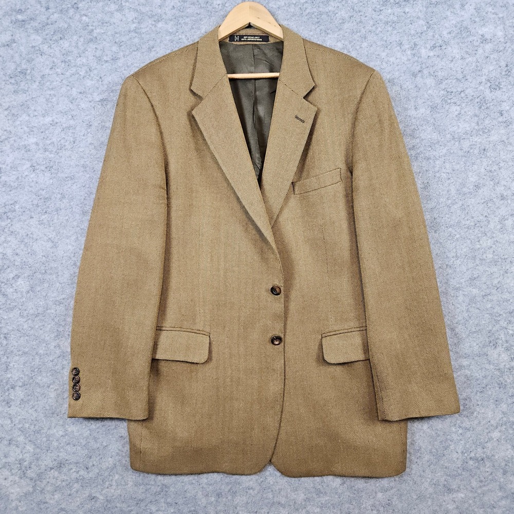 Tom James Men's Bronze Herringbone Blazer Size 44L 100% Wool Office Church RUBS